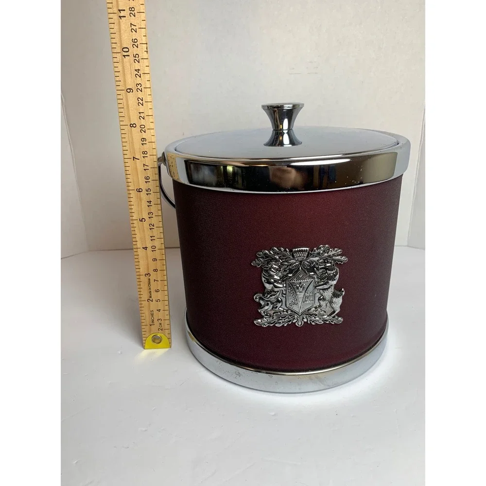 Vintage S.S. Kresge Burgundy Chrome Metal Ice Bucket Heraldic Crest Mid Century